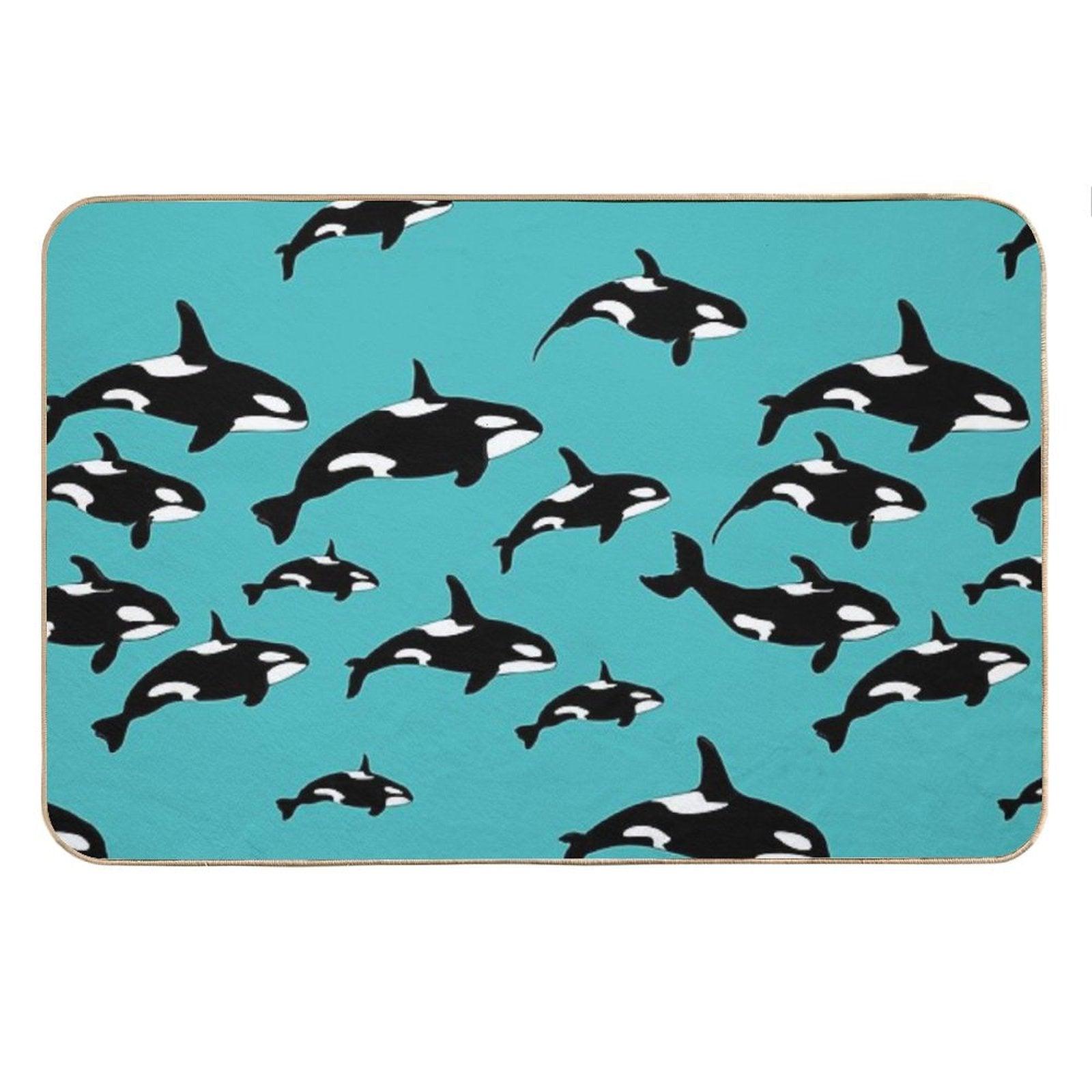 Orca Killer Whales Pattern on Blue Bath Mat
