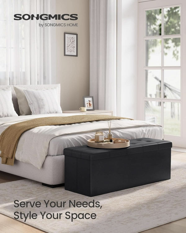 43 Inch Folding Storage Ottoman Black Synthetic Leather