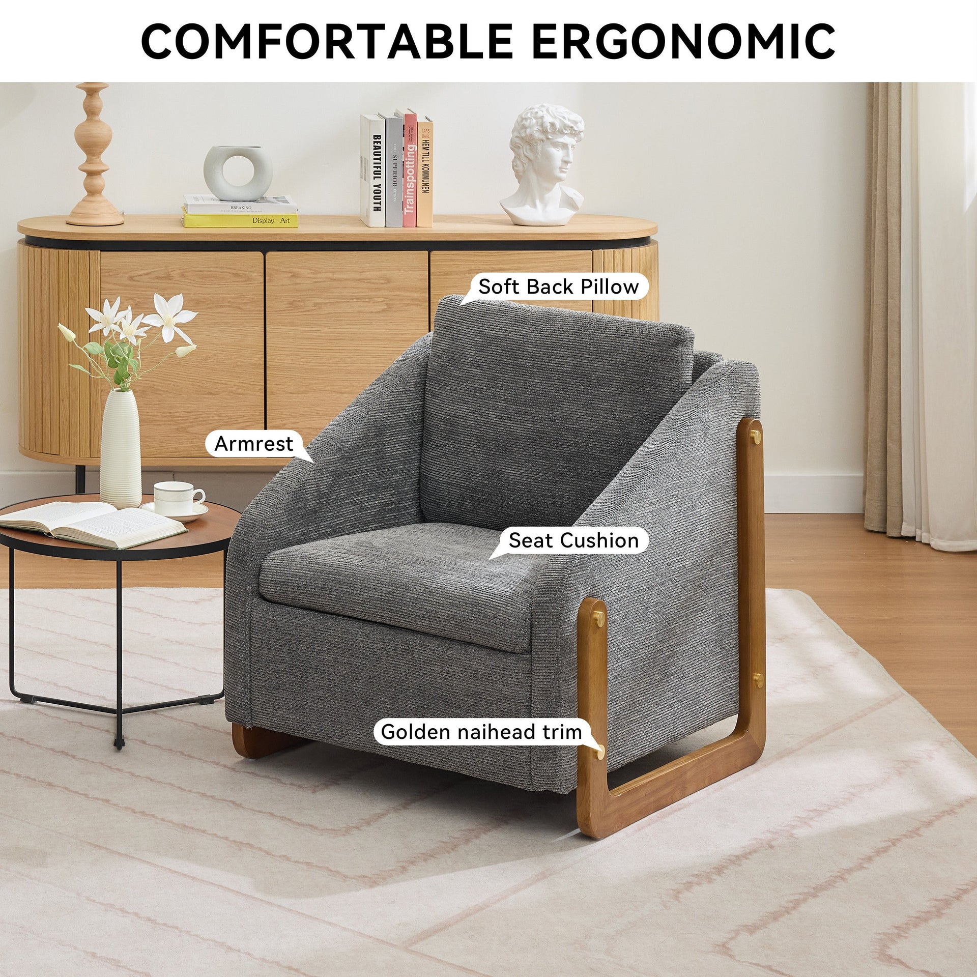 Modern Chenille Upholstered Armchair with Wooden Side Frame in Gray