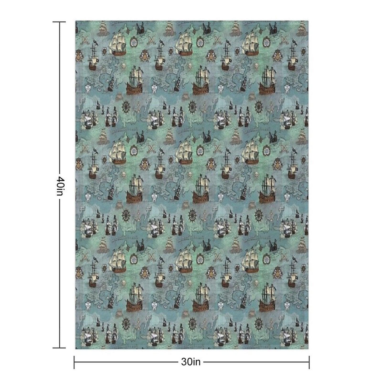 Pirate Map Nautical Sea Print Ocean Blue & Sea Glass Green Throw Blanket