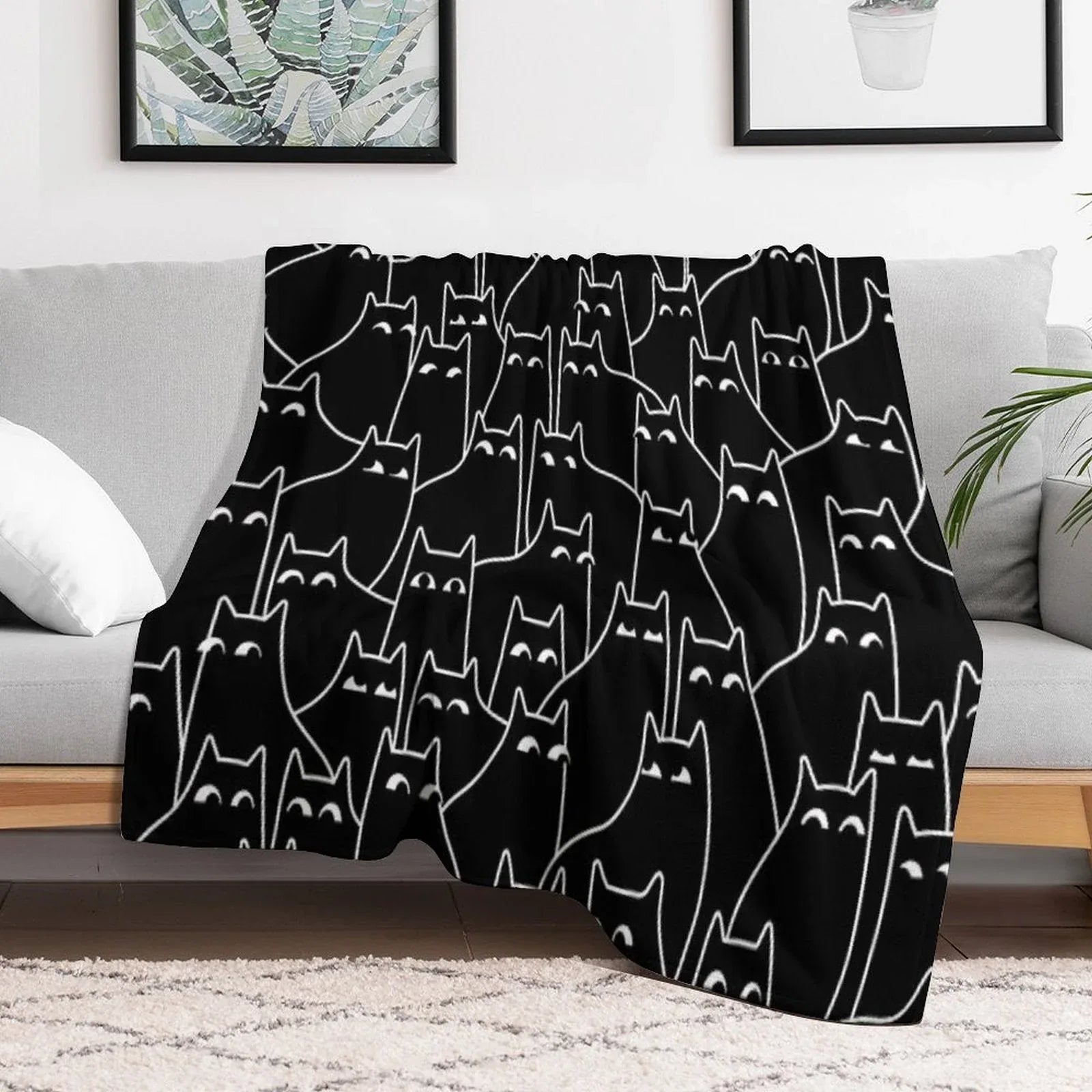 Suspicious Cats (Minimal White Linework Version) Throw Blanket