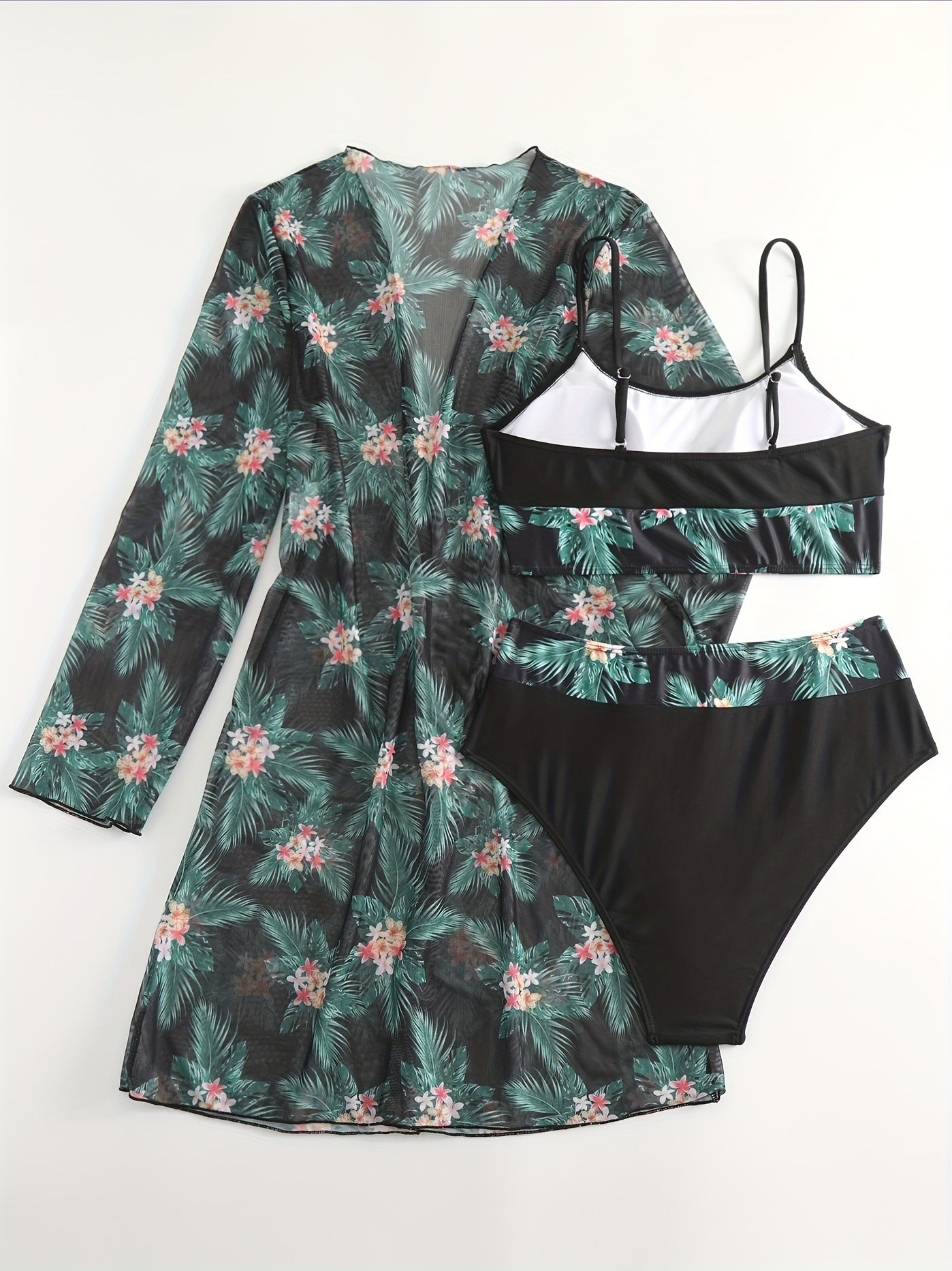 Bikini 3 Piece Tropical Print Swimsuit Set – High Stretch Comfortable Women's Bikini with Crew Neck Mesh Cover-Up – Chic Vacation Beachwear for Summer Casual Style & Poolside Glamour