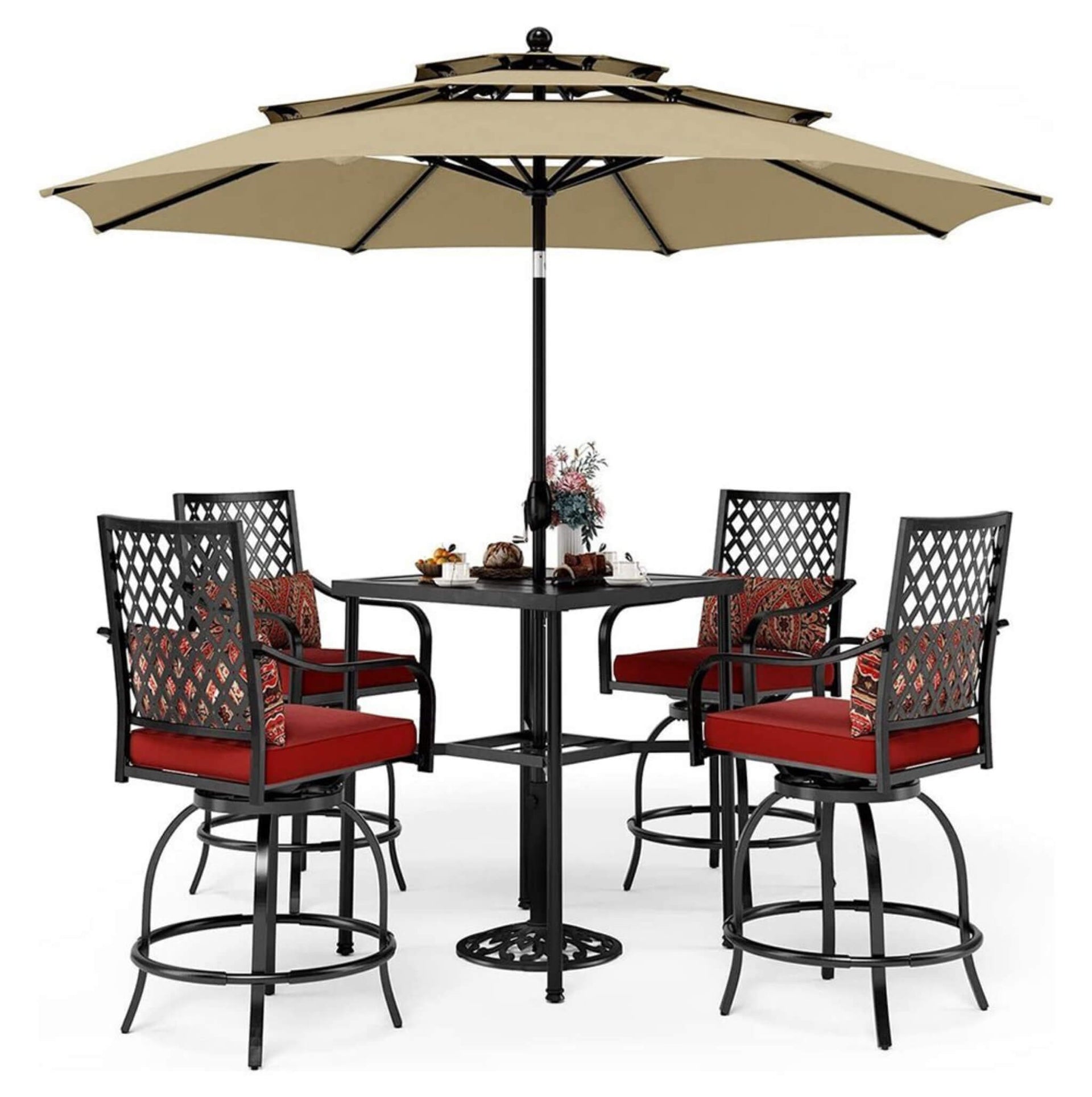 6PCS Outdoor Patio Bar Set Dining Table With Umbrella & Swivel Bar Stools (SAK53218)
