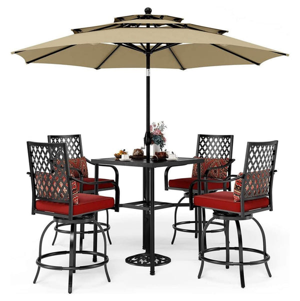 6PCS Outdoor Patio Bar Set Dining Table With Umbrella & Swivel Bar Stools (SAK53218)