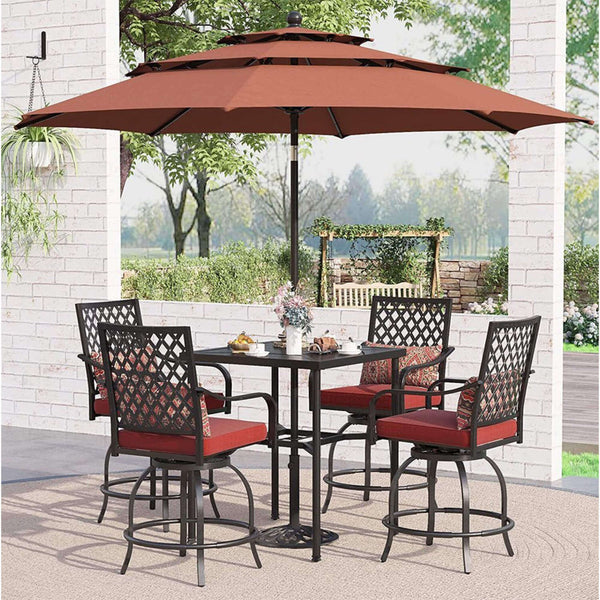 6PCS Outdoor Patio Bar Set Dining Table With Umbrella & Swivel Bar Stools (SAK53218)