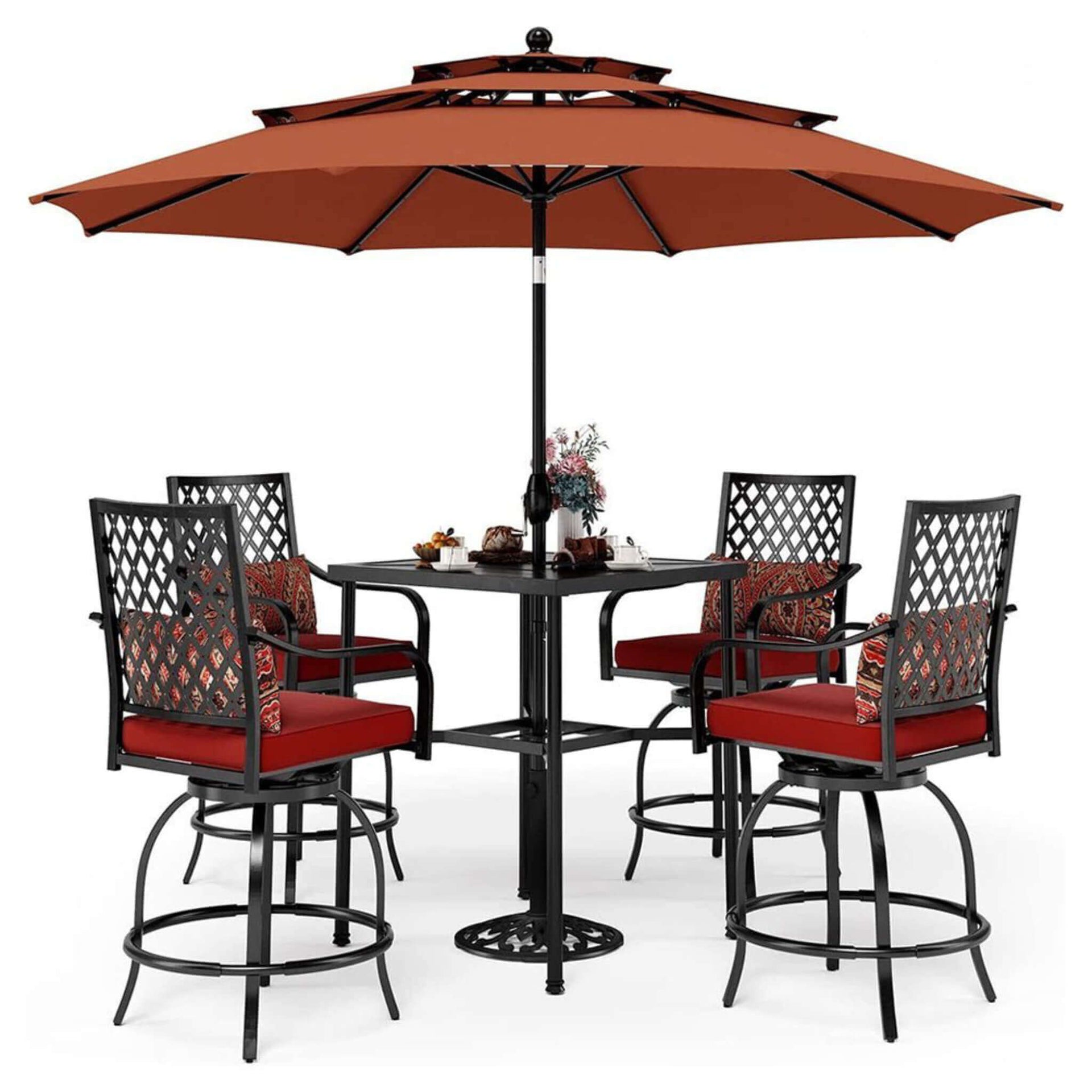 6PCS Outdoor Patio Bar Set Dining Table With Umbrella & Swivel Bar Stools (SAK53218)