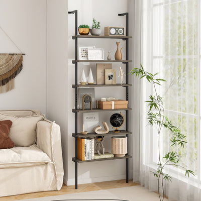 6-tier Ladder Shelf 72 Inches Industrial Wall Mounted Bookshelf-Oak