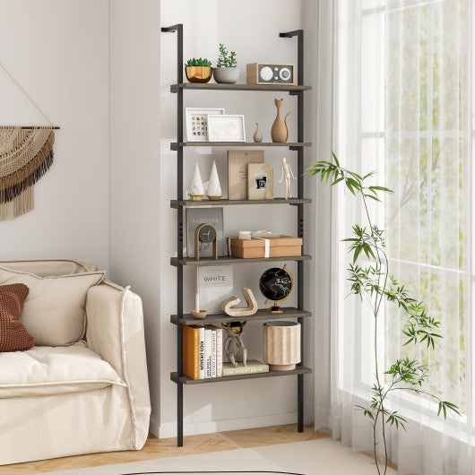 6-tier Ladder Shelf 72 Inches Industrial Wall Mounted Bookshelf-Oak