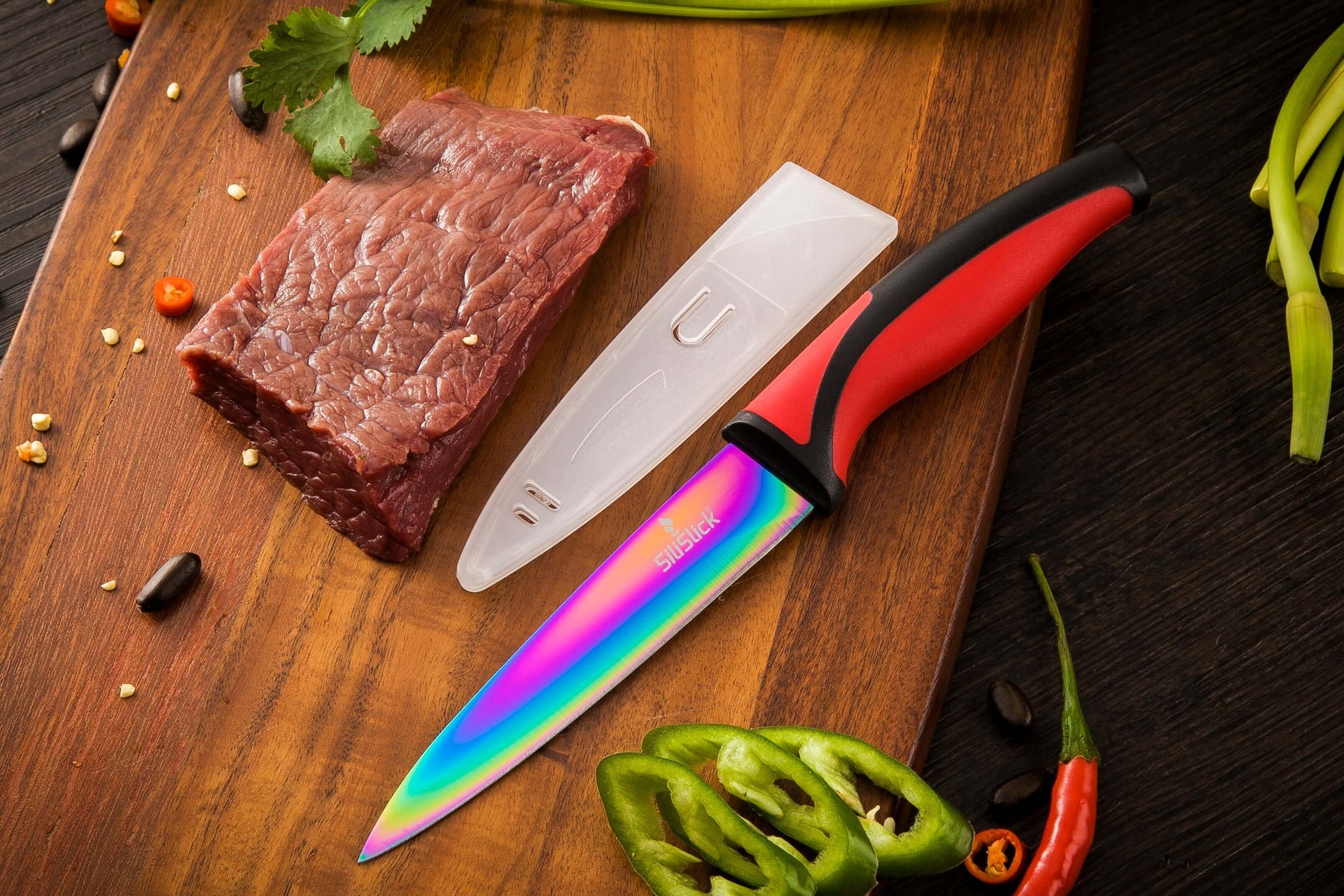 Kitchen Knife Set Kit | Red Handle & Black Magnetic Rack