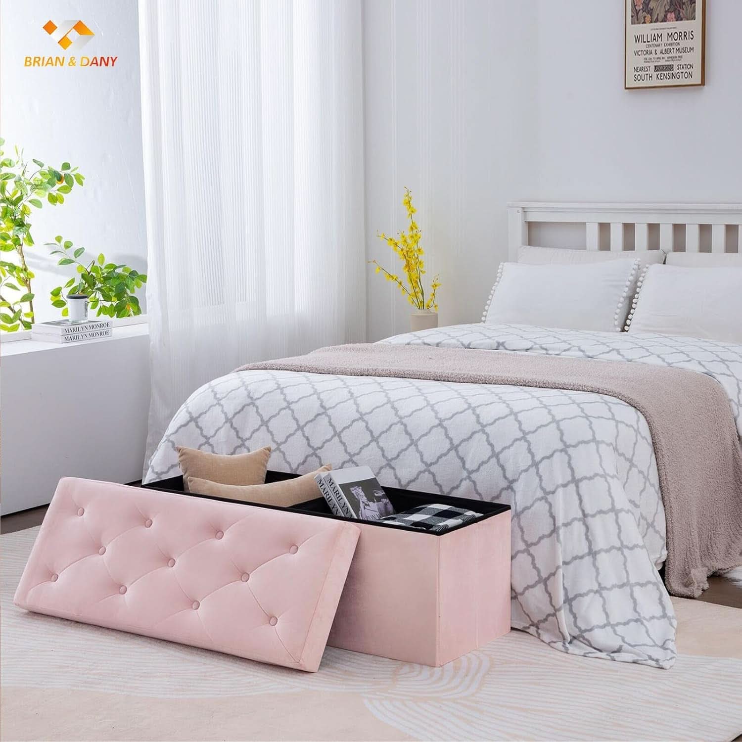 Pink 43 Inch Velvet Lux Foldable Storage Ottoman Bench