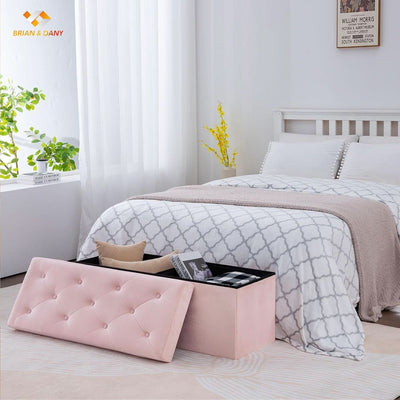 Pink 43 Inch Velvet Lux Foldable Storage Ottoman Bench