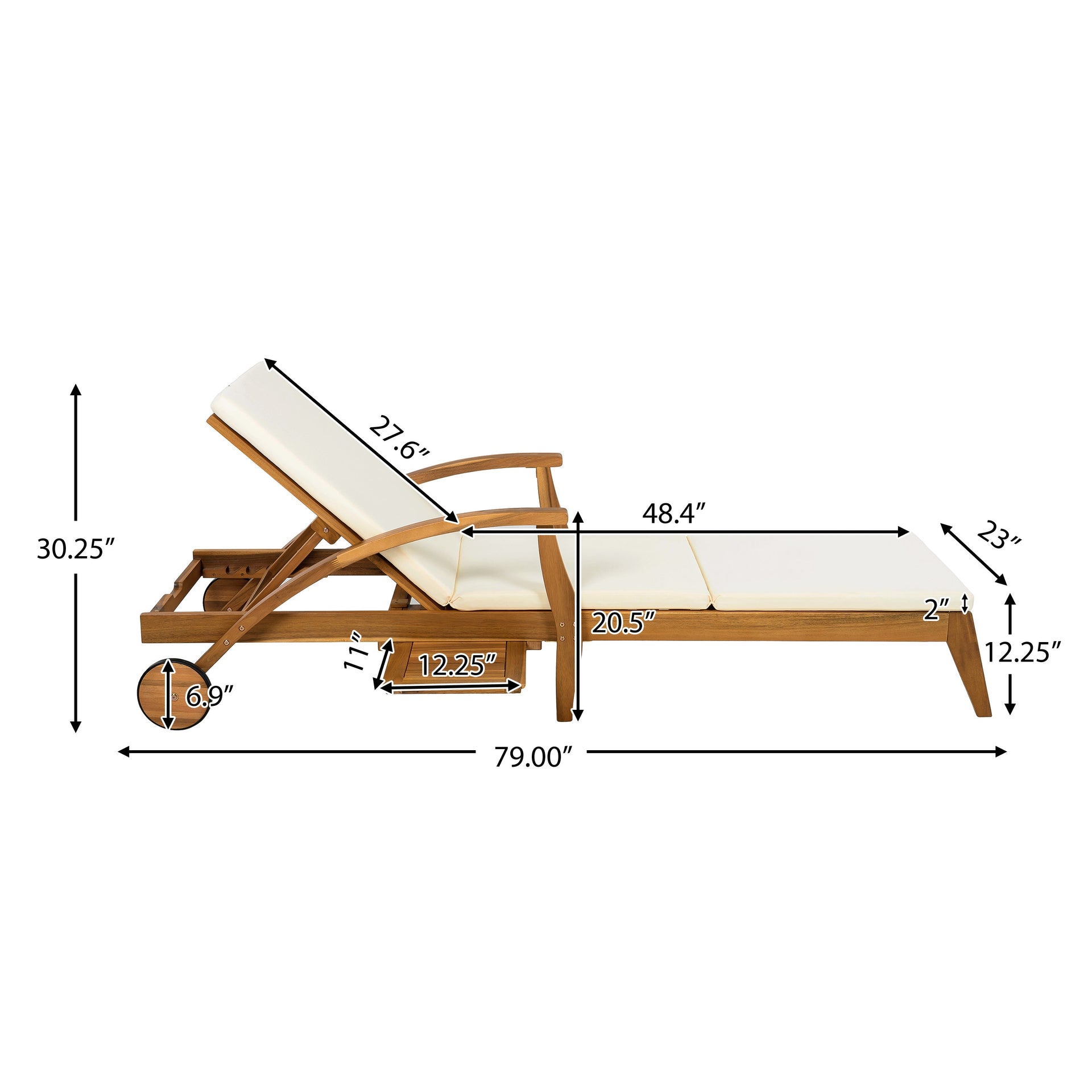 Versatile Chaise Lounge with Wheels - Acacia Wood Recliner for Patio, Cream Cushion, Adjustable Backrest