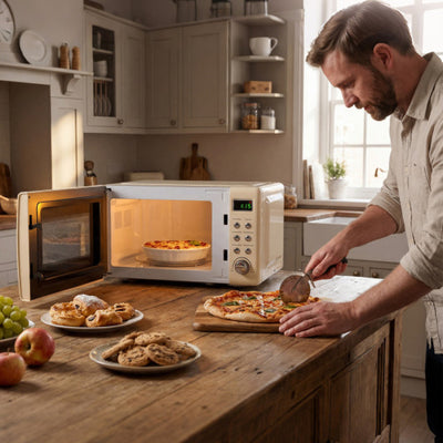700W Retro Countertop Microwave Oven with 5 Micro Power and Auto Cooking Function-Cream White