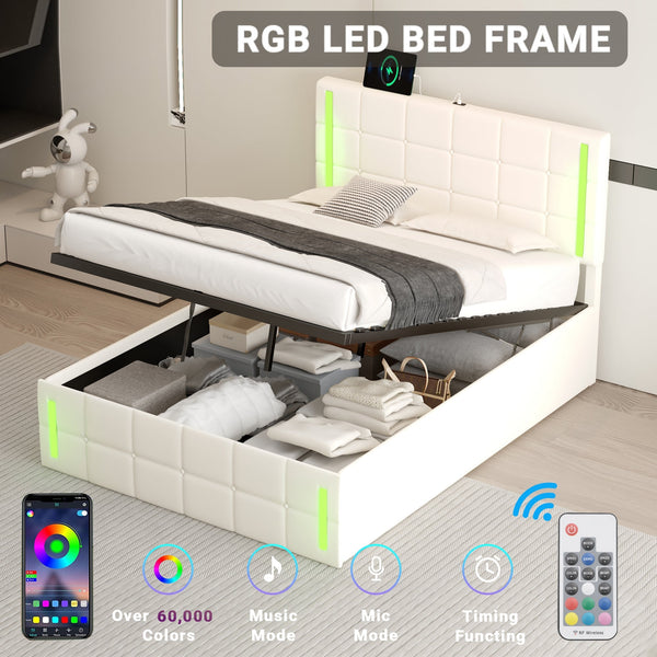 Full Size Upholstered Bed with LED Lights,Hydraulic Storage System and USB Charging Station,White V.I.P Digital Presence