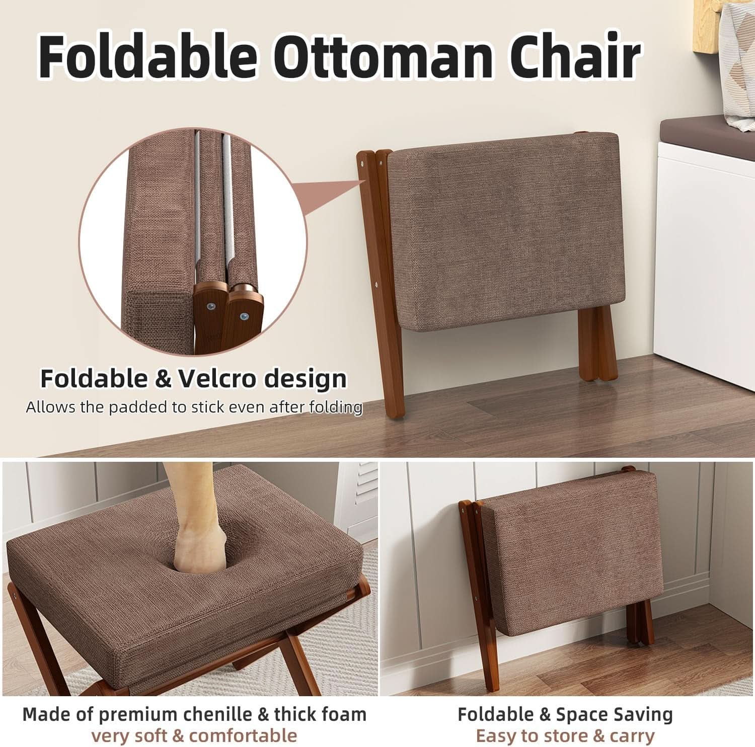 Espresso Brown Foldable Bamboo Footstool Dense Foam