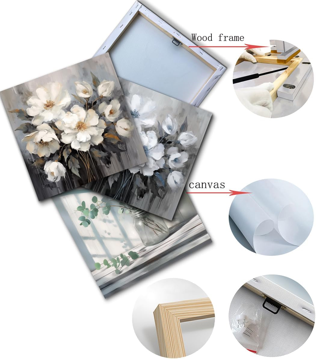 Stunning White and Gray Flower Canvas Art - Elegant 12x12 Inch Wall Decor for Bathroom, Bedroom, and Office