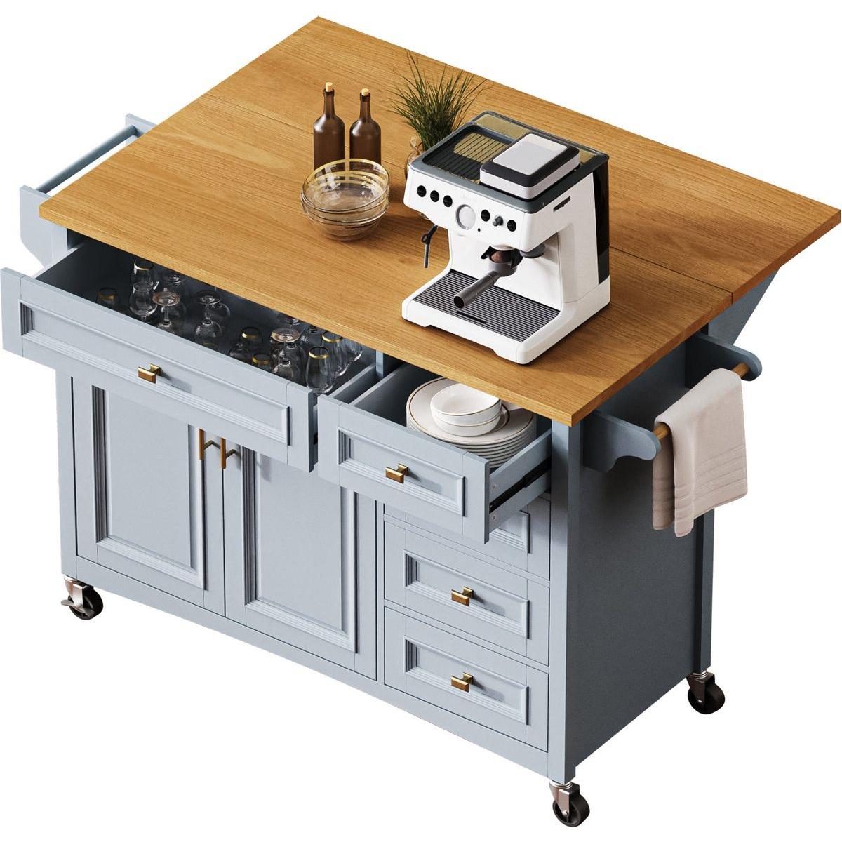 K&K 52'' Kitchen Island with Drop Leaf, Embossed Texture Kitchen Island on Wheels with Spice Rack, Towel Rack, 2 Doors and 5 Drawers, Kitchen Storage Cart with Adjustable Shelf for Kitchen, Blue Grey