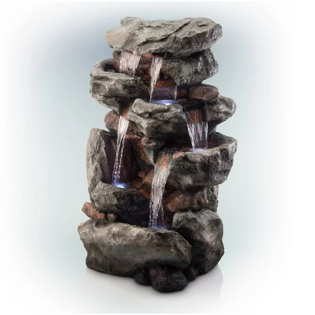 Alpine Corporation 52 in. Tall Outdoor 5-Tier Rainforest Rock Water Fountain with LED Lights