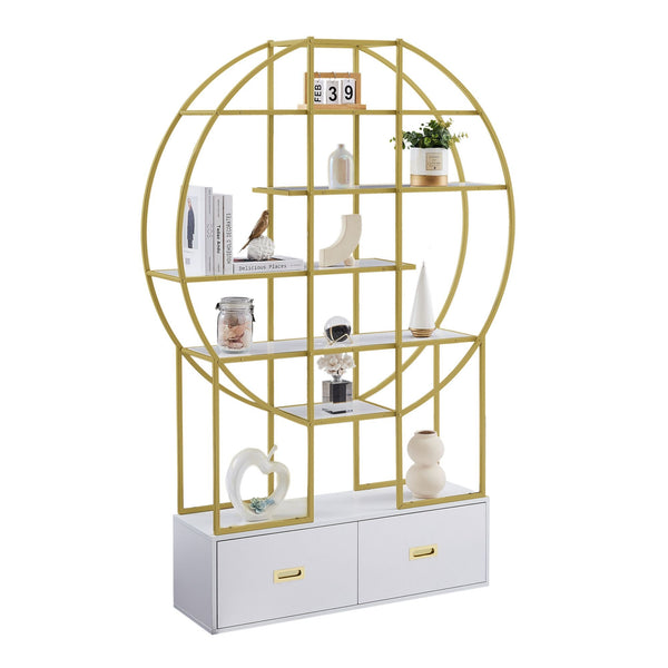 70.8 Inch Round Office Bookcase Bookshelf, Display Shelf, Two Drawers, Gold Frame