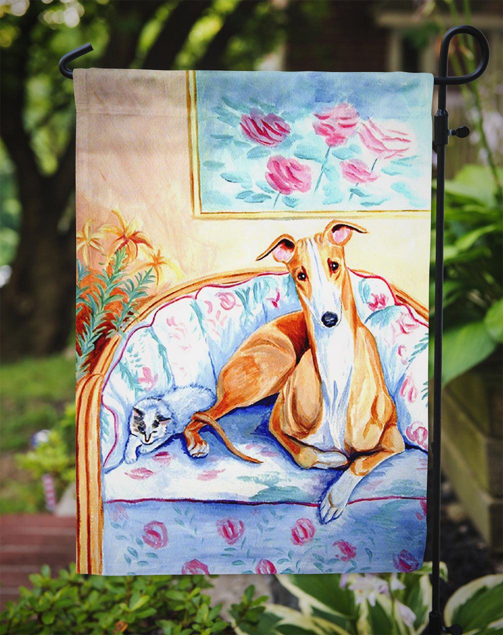 Whippet waiting on Mom Garden Flag – Decorative Outdoor Yard Flag