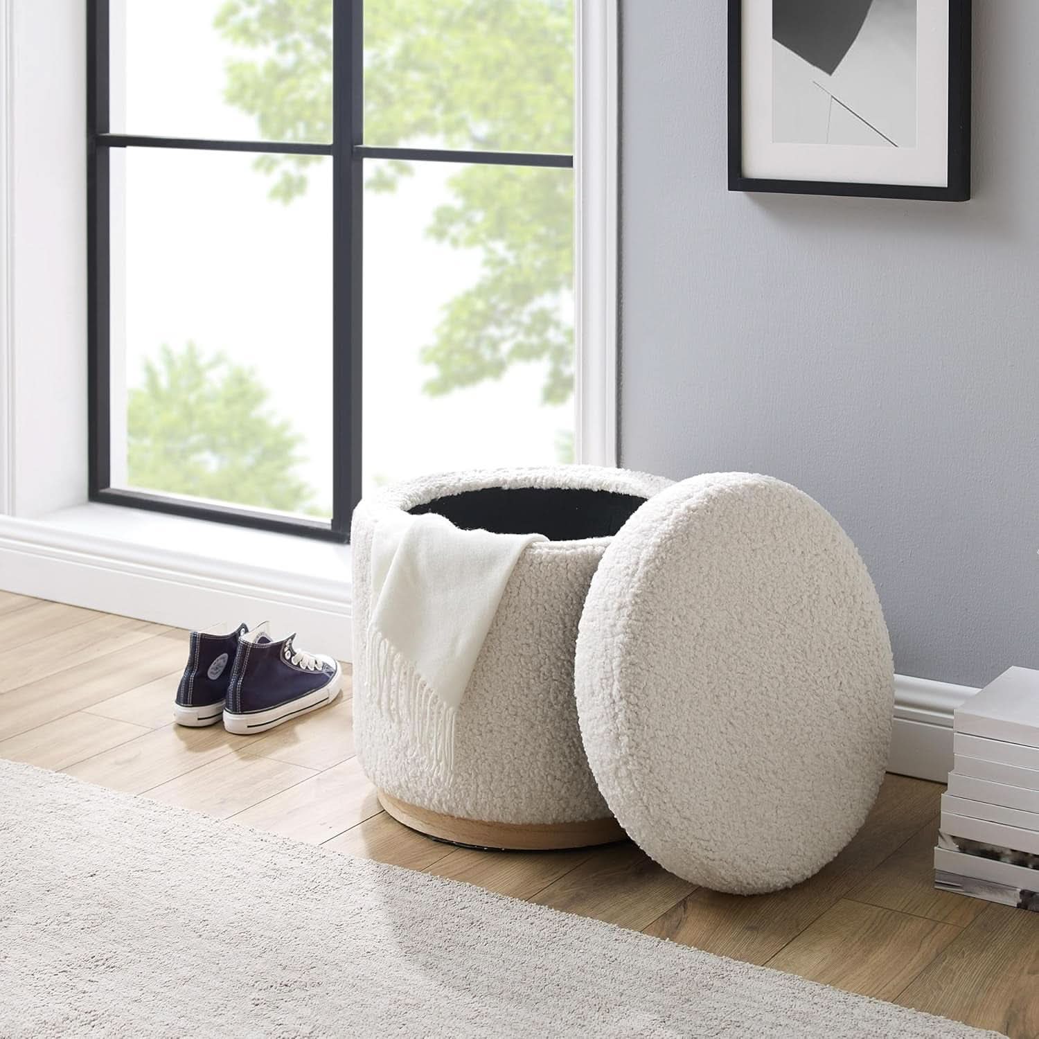 Cream Sherpa Deluxe Storage Ottoman Solidwood Base