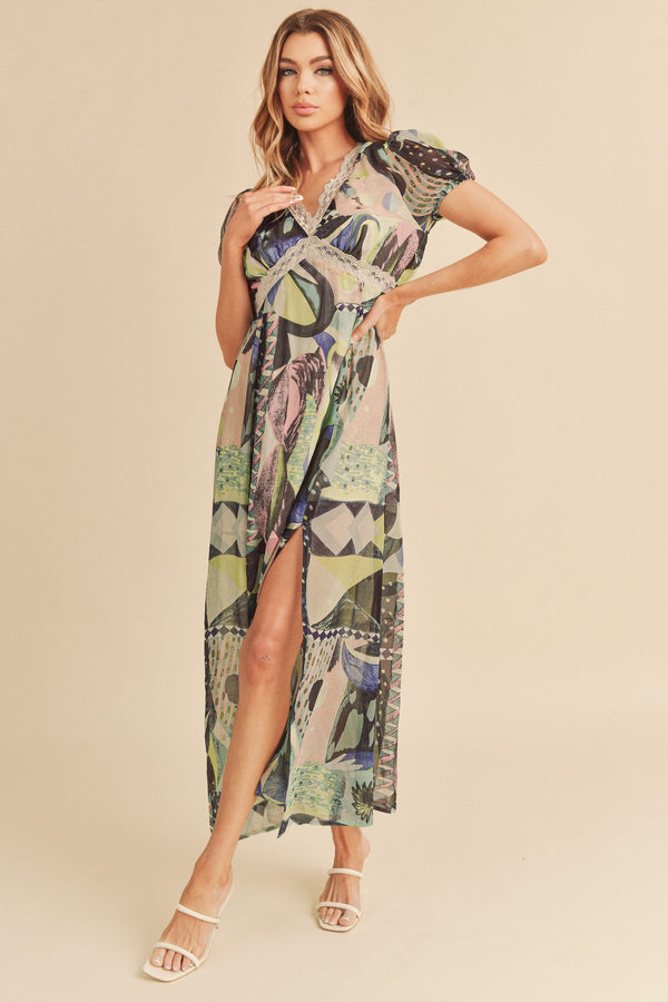 Lace Detail Slit Geometric Print Short Sleeve Maxi Comfortable Dress For Women, Elegant Lace, Alluring Slit, Sophisticated Geometric Print for Casual & Dressy Occasions