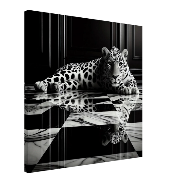 Leopard Canvas Art Print – Striking Design on Black & White Checkered Marble Floor