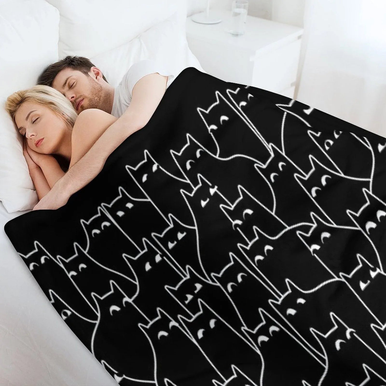Suspicious Cats (Minimal White Linework Version) Throw Blanket