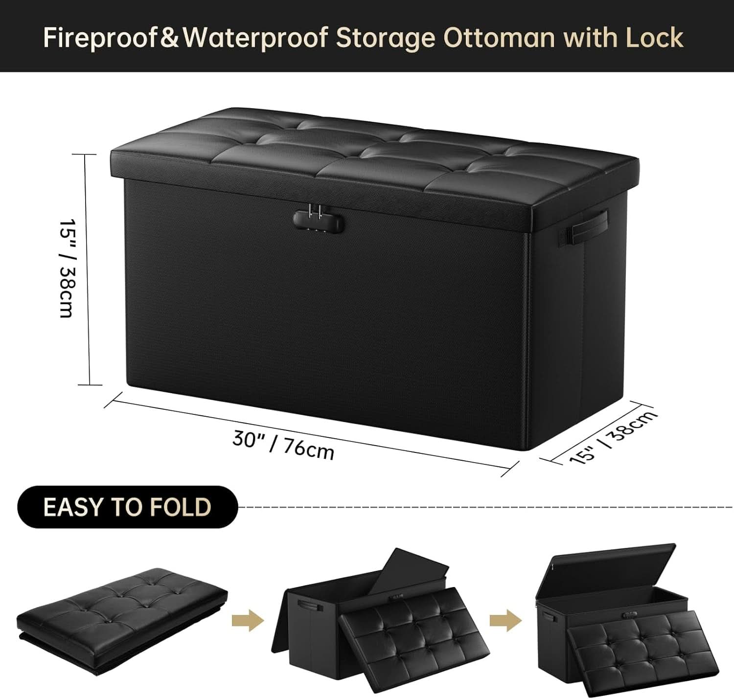 Storage Ottoman Bench 30 Inches Black Storage Lock Pro