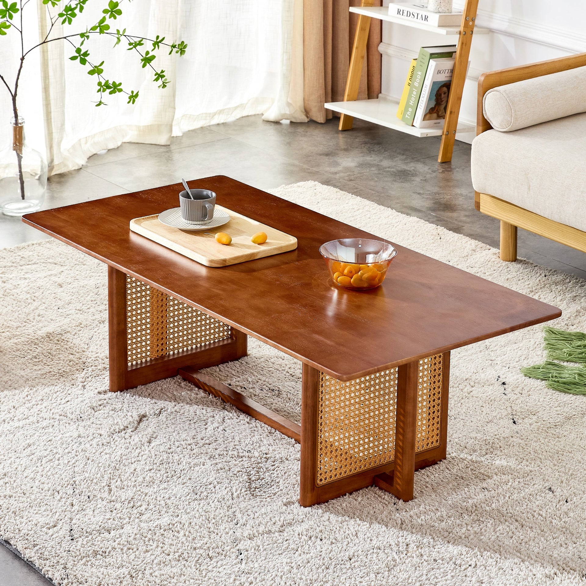 Natural Rubberwood and Solid Wood Coffee Table with Rattan Weave, Modern Minimalist