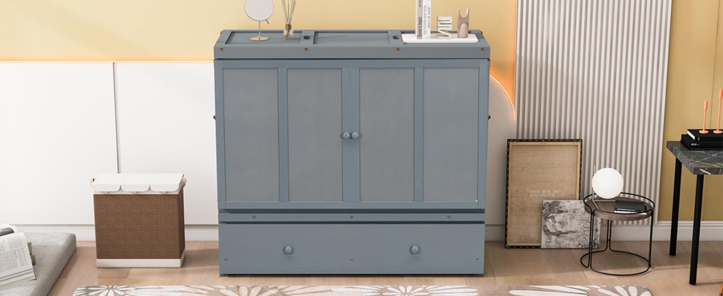 Space-Saving Full Size Murphy Bed with USB Port and Large Drawer Storage