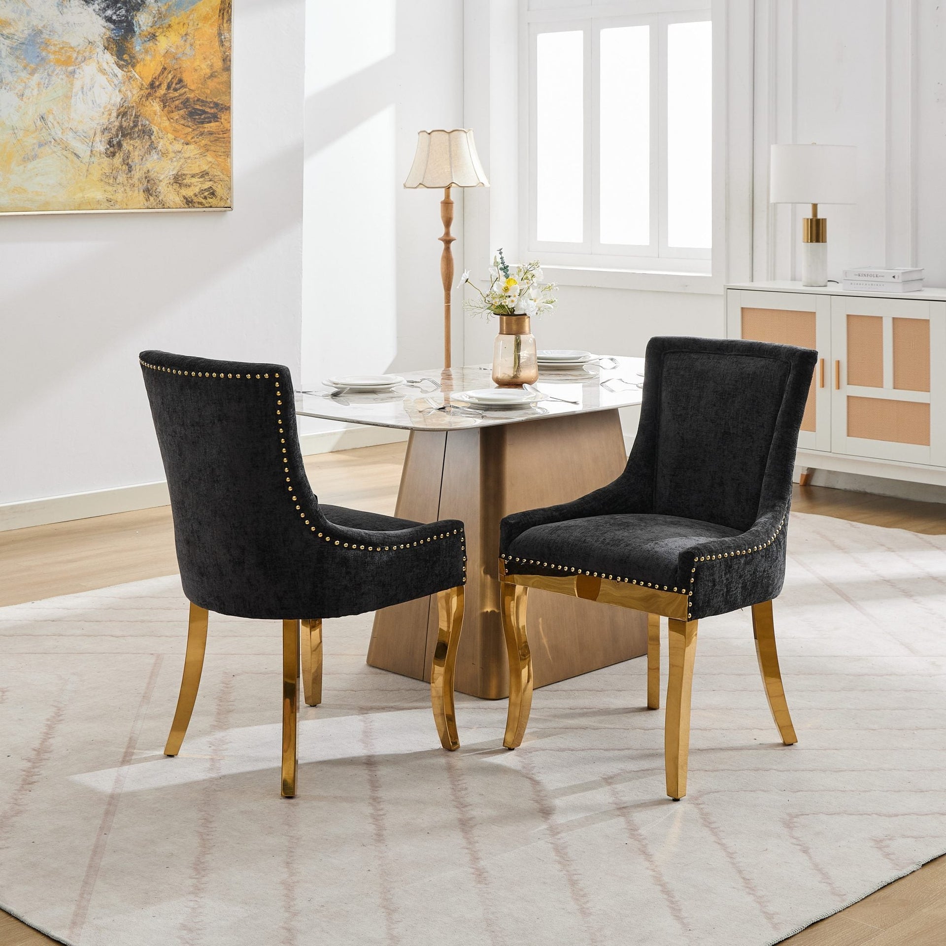 Chenille Dining Chairs Modern Style with Curved Gold-Plated Legs & Rivet Trim