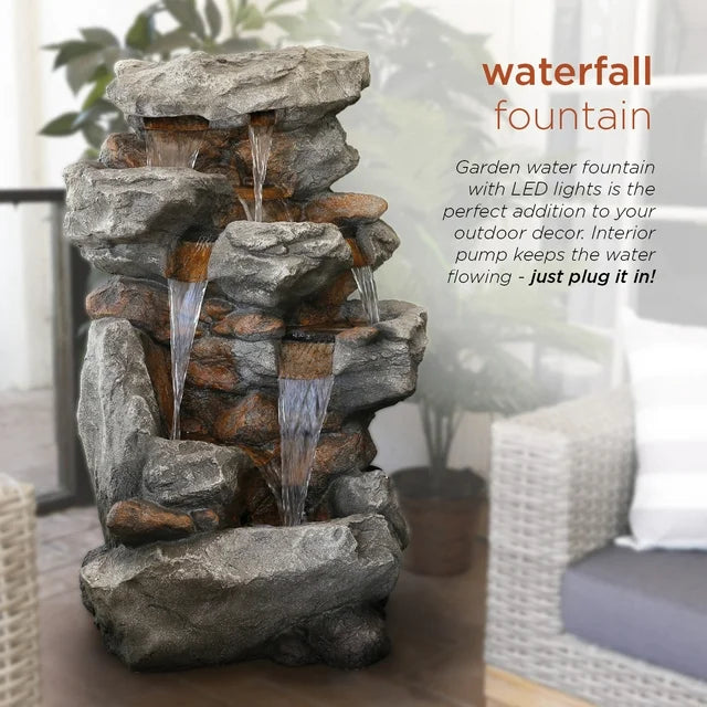 Alpine Corporation 52 in. Tall Outdoor 5-Tier Rainforest Rock Water Fountain with LED Lights