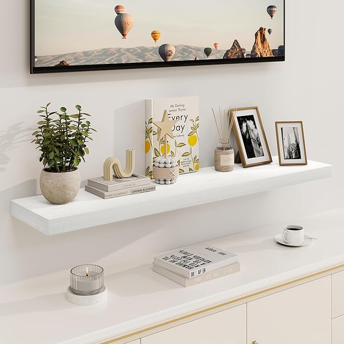 White Floating Shelves 48 Inch Long, 8 Deep Floating Shelves for Wall, Rustic 48