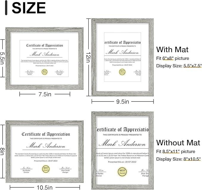 Vittanly 8.5x11 Picture Frames Set of 9, Shatter Resistant Plexiglass, Display 6x8 Pictures with Mat or 8.5x11 without Mat, Photo Frames for Wall or Tabletop, Engineered Wood, Grey