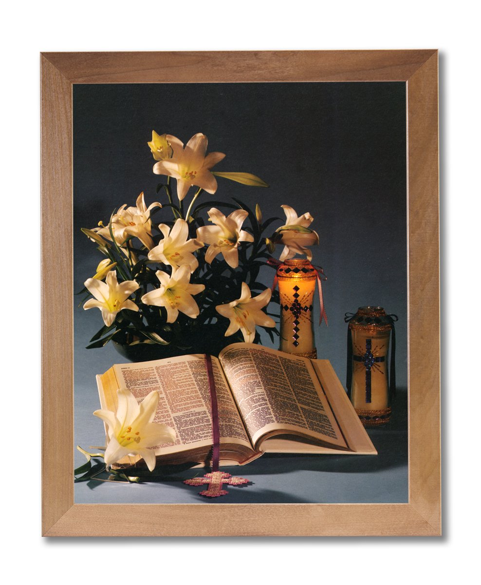 Religious Wall Art - Framed Floral Print with Honey Wood Frame, Ready to Hang
