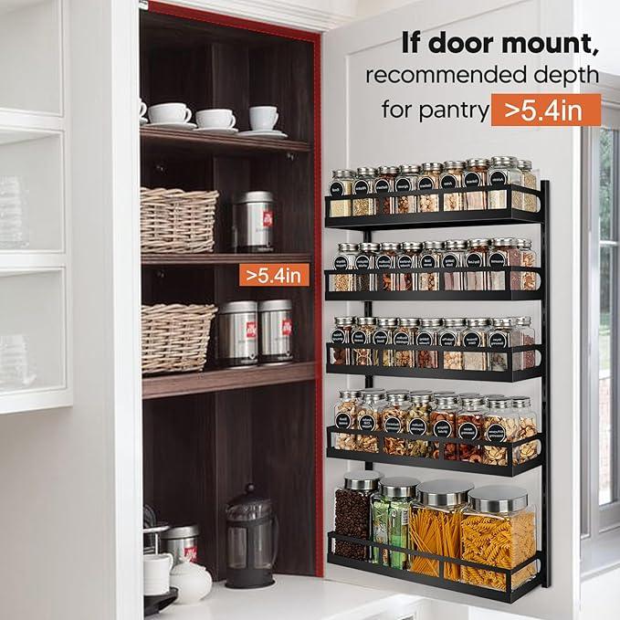 X-cosrack Wall Mount Spice Rack Organizer 5 Tier Height-Adjustable Hanging Spice Shelf Storage for Kitchen Pantry Cabinet, Dual-Use Seasoning Holder Rack with Hooks, Black-Patented