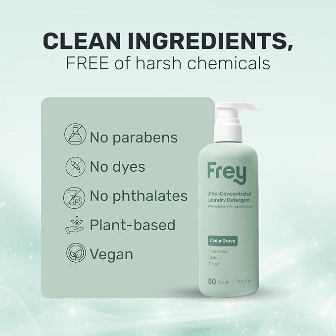 FREY Concentrated Liquid Laundry Detergent | Formulated for Sensitive Skin & HE Washers | Removes Stains Effectively | 50 Loads per Bottle (1-pack Cedar Grove)