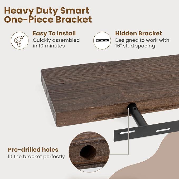 Floating Shelves for Wall Decor, Rustic Solid Elm Wood Live Edge Floating Shelves Wall Mounted, Wall Shelves with Invisible Bracket for Living Room Bathroom Bedroom Kitchen, 48 Inch, Walnut