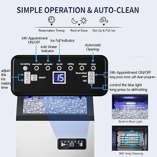 Commercial Ice Maker Machine 120Lbs/24H with 35Lbs Ice Capacity, 45Pcs Clear Ice Cubes Ready in 11-20Mins, Stainless Steel Under Counter Freestanding Large Ice Machine, 2 Water Inlet Modes