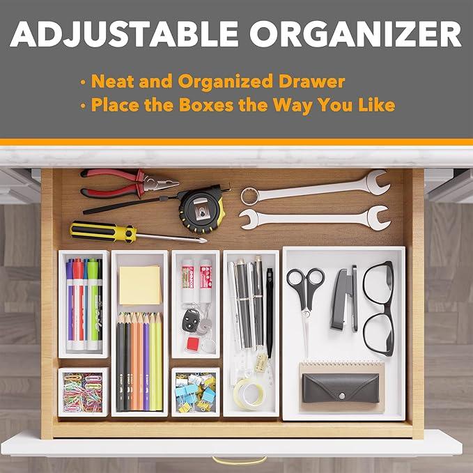 SpaceAid 7-Piece Bamboo Drawer Organizer Storage Boxes Set, Wood Tray Junk Drawer Organizers Multi-Use Divider Bins for Kitchen, Bathroom, Office Desk and Makeup Organization (7 Pack, White)
