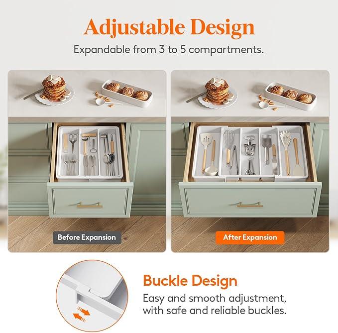 Lifewit Utensil Organizer for Kitchen Drawers, Expandable from 13‘’ to 22.4'', 15'' Depth, Plastic Cutlery Silverware Flatware Holder, Spatula Tools and Gadgets Storage, Large, White