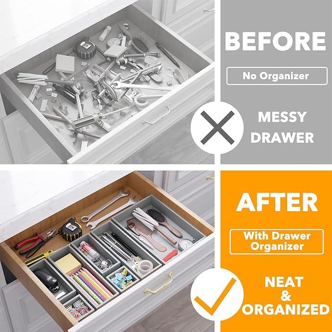 SpaceAid 7-Piece Bamboo Drawer Organizer Storage Boxes Set, Wood Tray Junk Drawer Organizers Multi-Use Divider Bins for Kitchen, Bathroom, Office Desk and Makeup Organization (7 Pack, Gray)