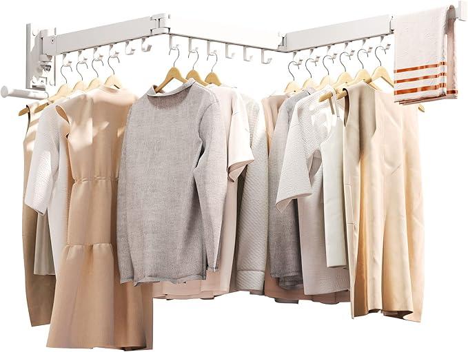 Clothes Drying Rack,Laundry Drying Rack Wall Mount, Wall Mounted Clothes Rack,Retractable,Collapsible(Tri-Fold),Drying Rack Clothing,can Fold Upward & Left & Right,Space Saver, White Color