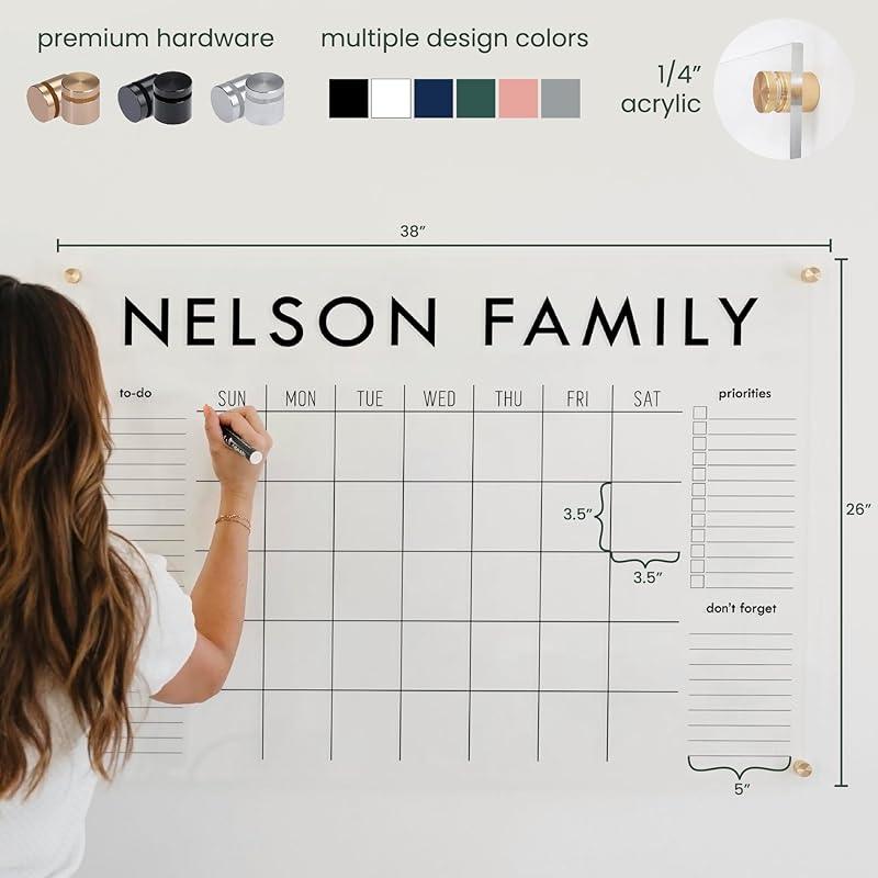 Personalized Clear Acrylic Calendar for Wall, Calendar Whiteboard for Wall, Dry Erase Wall Calendar, Wall Calendar Organizer System for Home (Block, Black, 38
