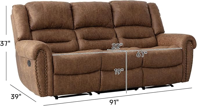 CANMOV Faux Leather Manual Reclining Sofa,3 Seat Recliner Couch Sofa with Overstuffed Comfortable Arms and Back for Living Room,Office,Nut Brown