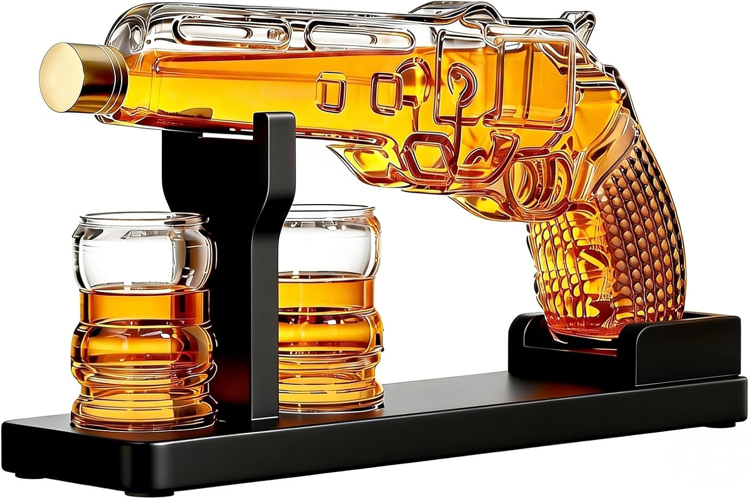 Whiskey Decanter Set 7.7 Oz with Two 1.6 Oz Shot Glasses | Pistol Gun Unique Birthday Gift Ideas For Son, Gifts for Men Dad, Home Bar Gifts, Drinking Accessories Funny Military Present Cool Dispenser