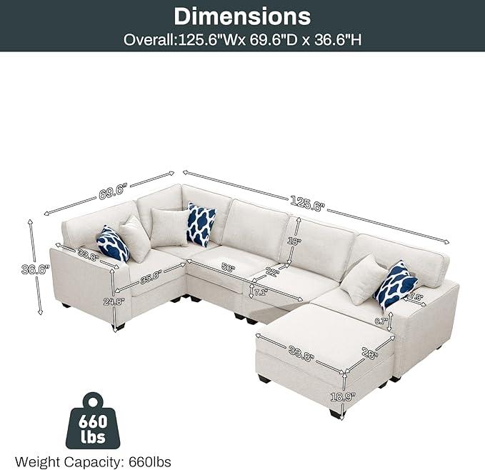 L Lengend Vansen Modular Sectional Sofa U Shaped Couch with Ottoman Modern Reversible Corner Sectional Couch for Living Room (Cream, U Shaped Sofa-1)