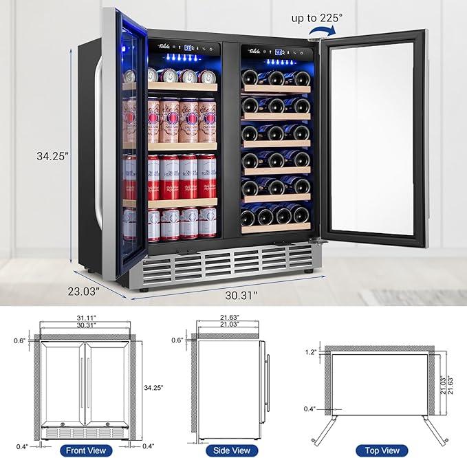 Wine and Beverage Refrigerator 30 Inch, Upgrade Dual Zone Wine Cooler, 30'' Wine beverage Fridge Built in or Freestanding Under Counter Large Capacity Glass Door Advanced Cooling System