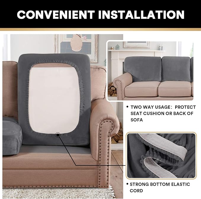 PrinceDeco Stretch Sofa Cushion Covers for Couches and Sofas,Soft Velvet Couch Seat Covers, Sofa Covers Washable, Seat Cushion Cover for 3 Couch Sofa Pet Friendly - Grey, Each Width Up to 29.5